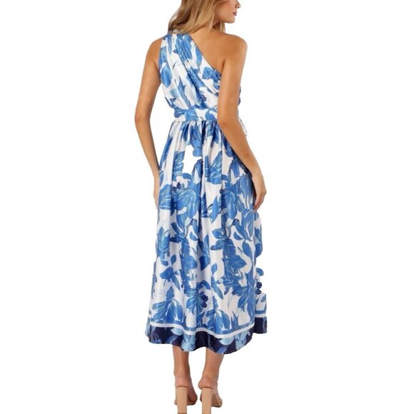 Petal & Pup Midi Dress 10 Blue White Floral Silky One Shoulder Washable NEW - Picture 4 of 16